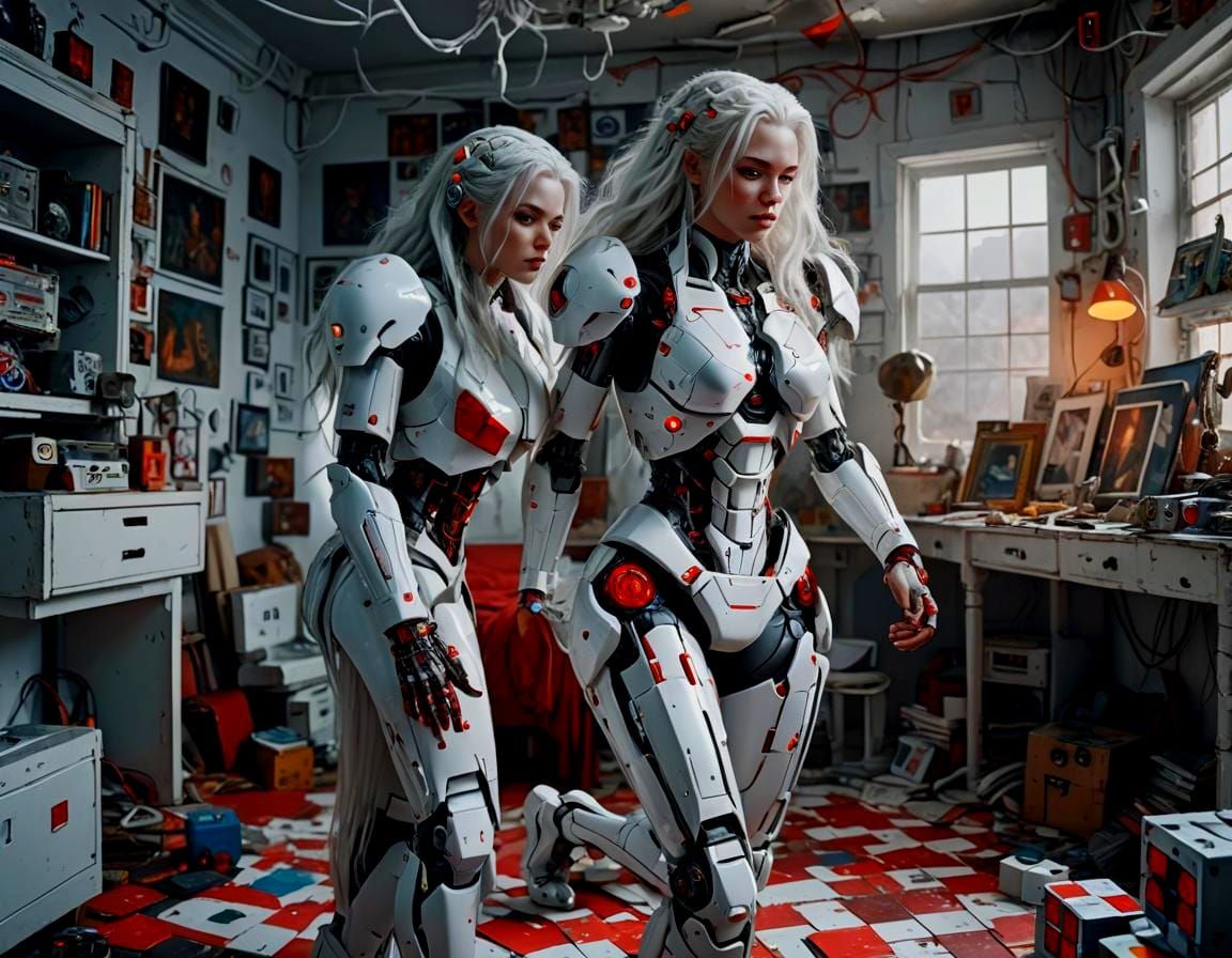 White Cyborg Inspects Rubik's Cube, Digital Matte Painting