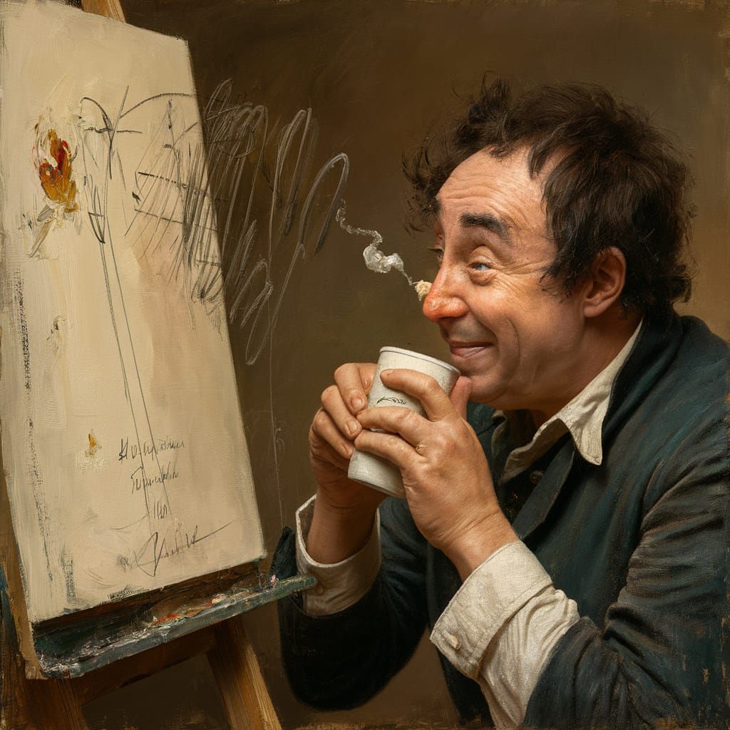 the artist discovering his error, snortled in ridicule as he...