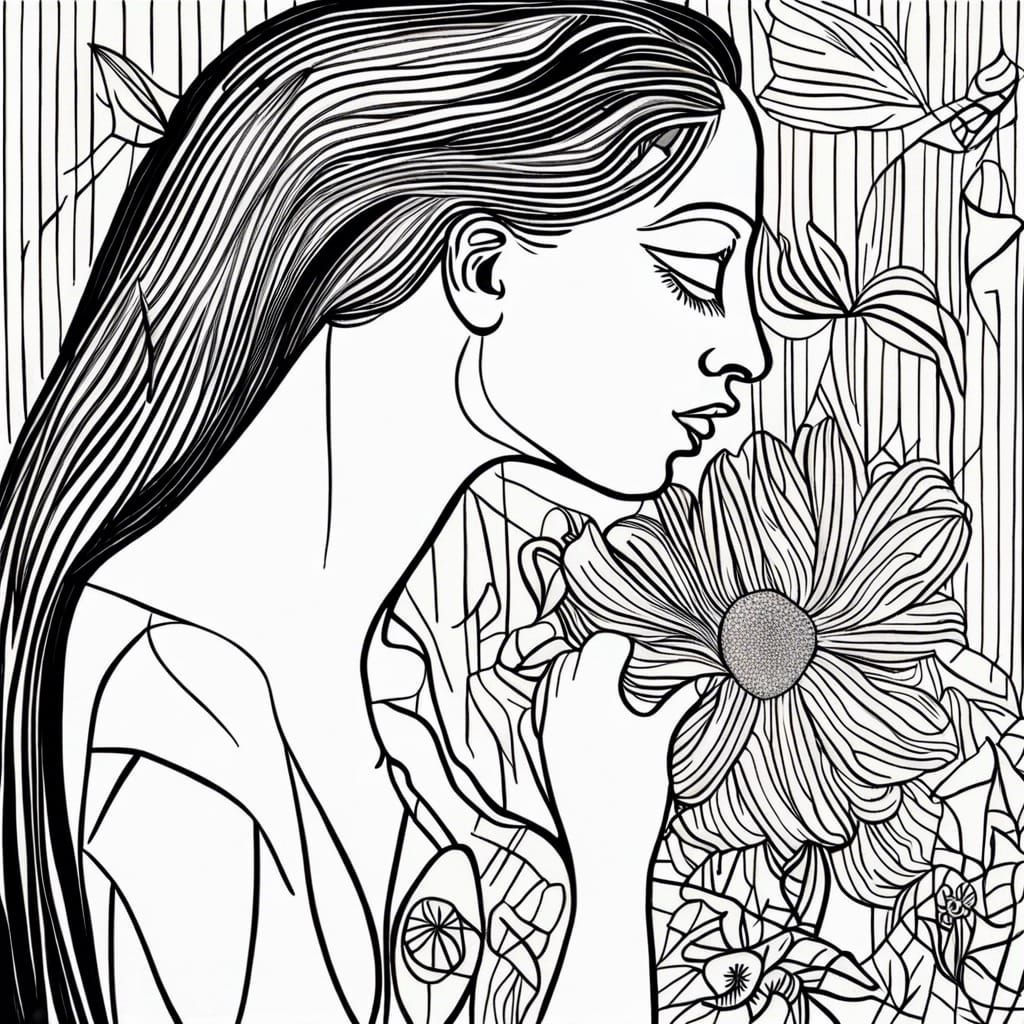 A beautiful woman smelling a delicious flower