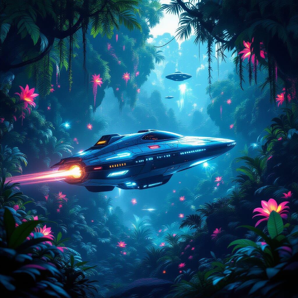Masterpiece Monday. A bioluminescent spaceship navigating through a vibrant, alien jungle filled with glowing flora and fauna. The ship's hu...