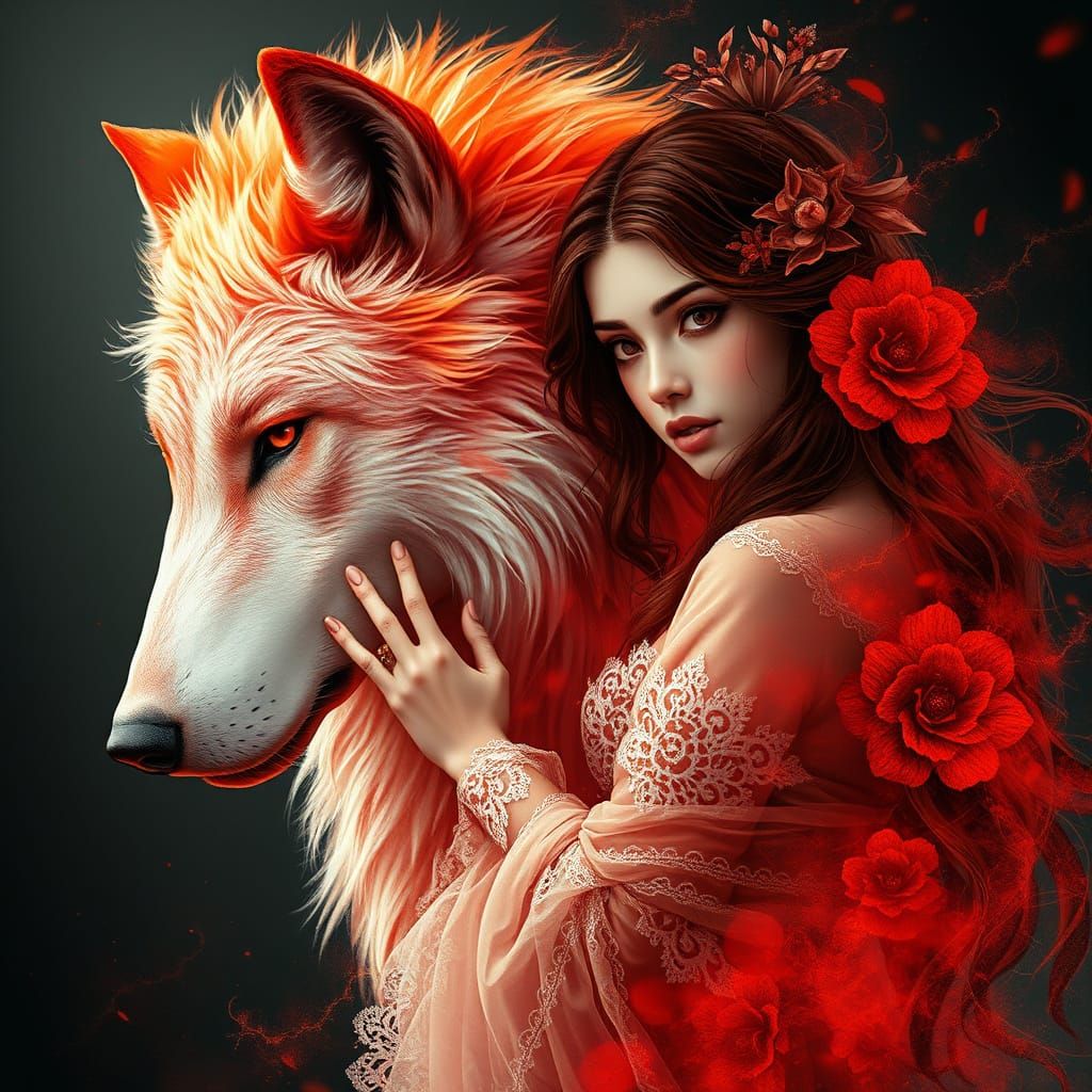Ethereal Woman and Wolf in Crimson Haze