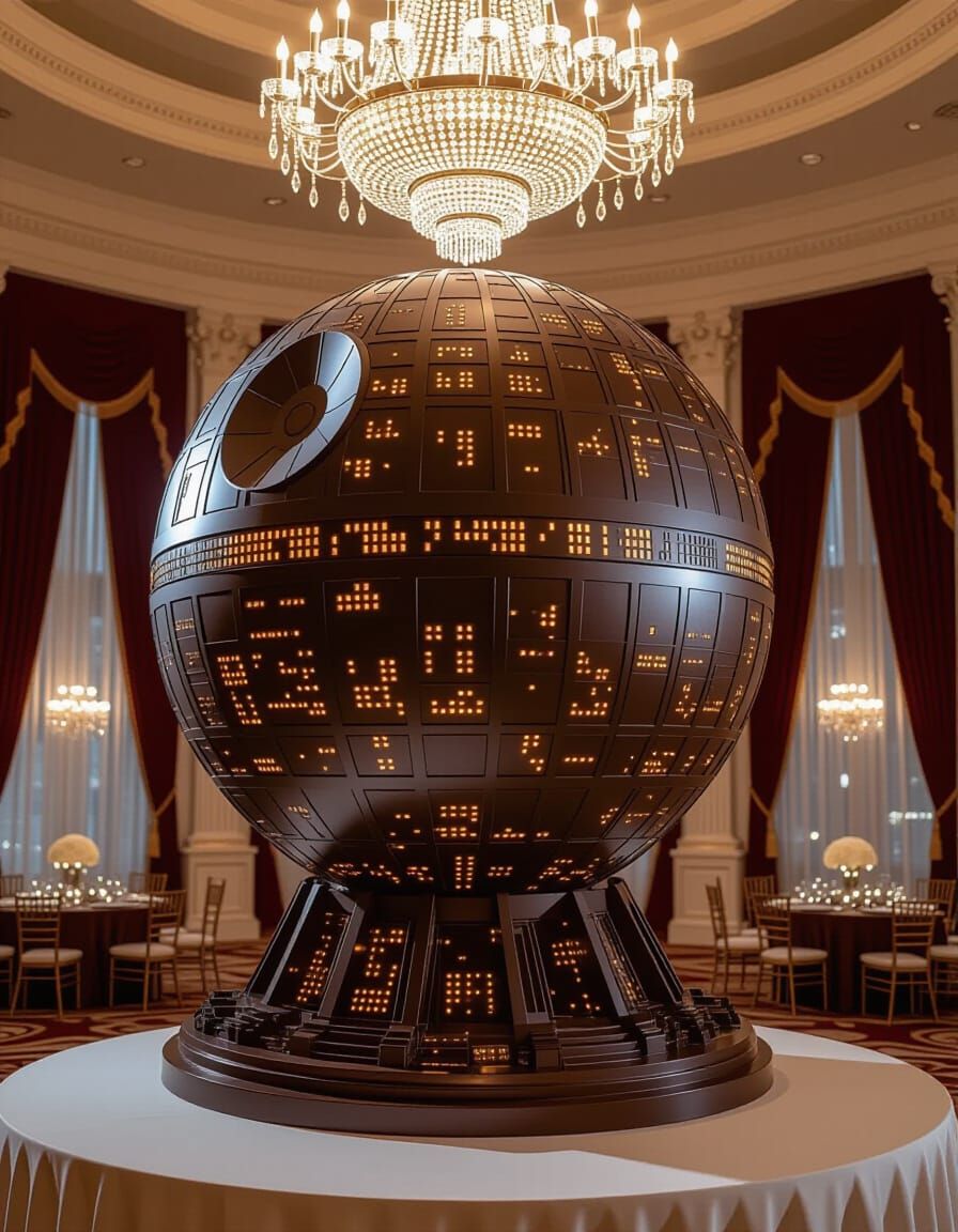 A towering chocolate sculpture of the Death Star from Star Wars  by @AiDigitalArt