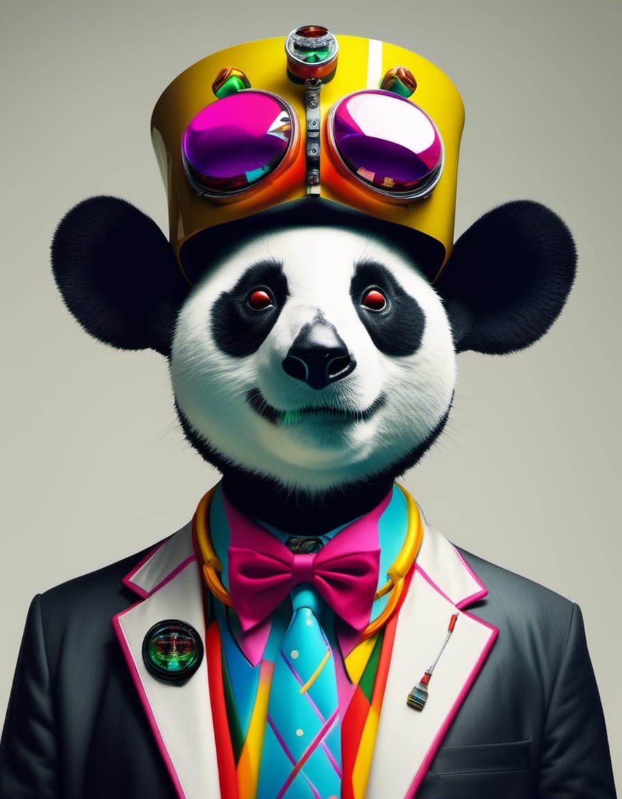 Matthieu Bourel portrait of a (funky cyborg Panda Bear :1.2), cartoonishly evil, futuristic style, colorful, surreal, masterpiece, 8k, award...