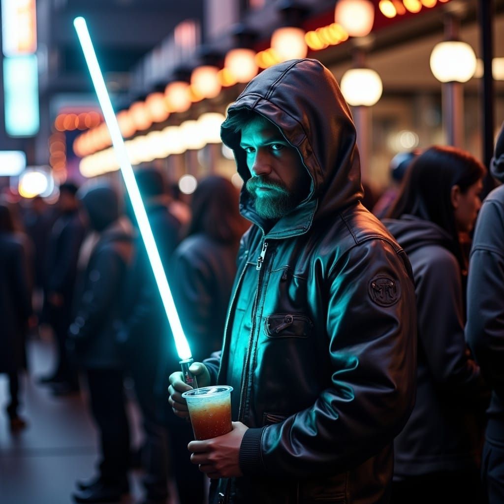 <lora:SteampunkFoto FL:1.0>A person lining up outside a theater for the midnight premiere of a blockbuster, holding a plastic lightsaber an...