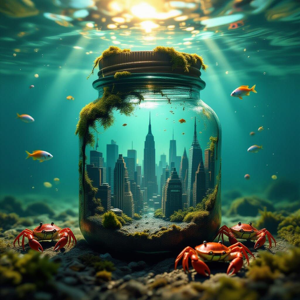 City inside a jar at the bottom of the river  by @Endoleo