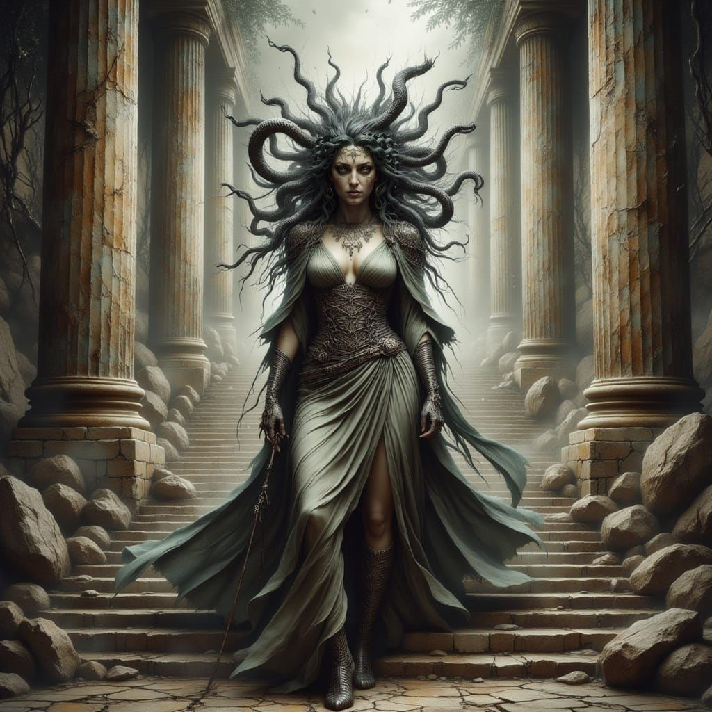 <lora:Ink Poet:1.0> <lora:-Omnious-:1.0> Medusa on steps of Athena's temple, using my face as Medusa, realistic