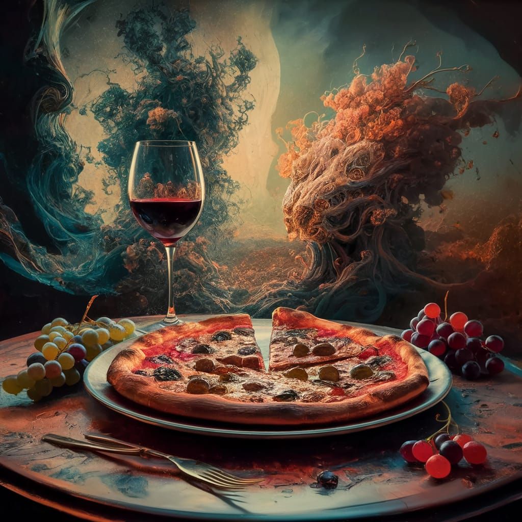Close up of pizza slice on plate, glass of wine, grapes on t...