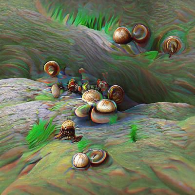 gathering of snails in a mushroom gorge 8K 3D 8k resolution