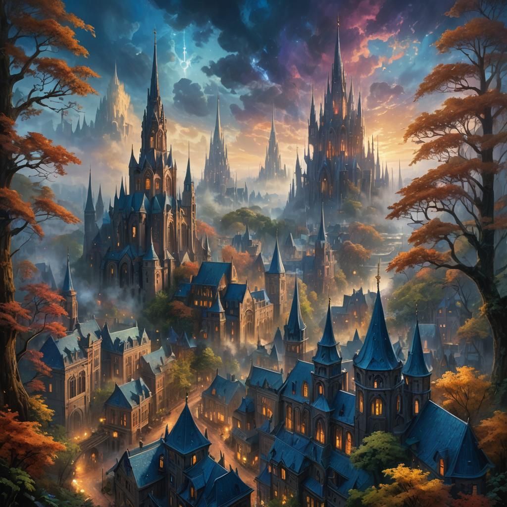 Fantasy City in Mystical Forest, Art Nouveau Style