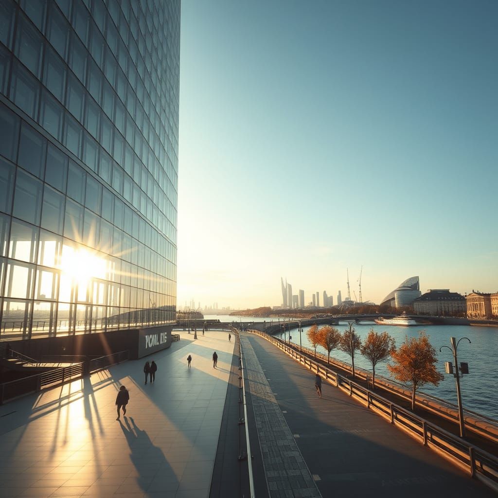 Hyperrealistic 8K Aerial View of Modern Glass Tower and Neo-...