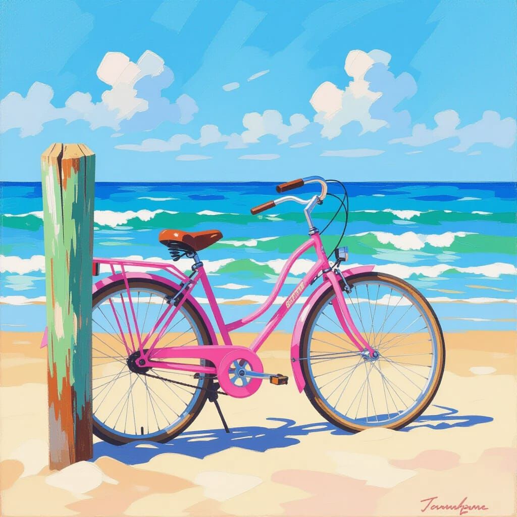 Pink Bicycle on Sunny Beach Impressionistic Oil Painting