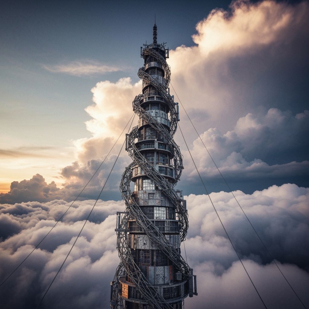 A tower of twisted wire going up through glorious clouds 