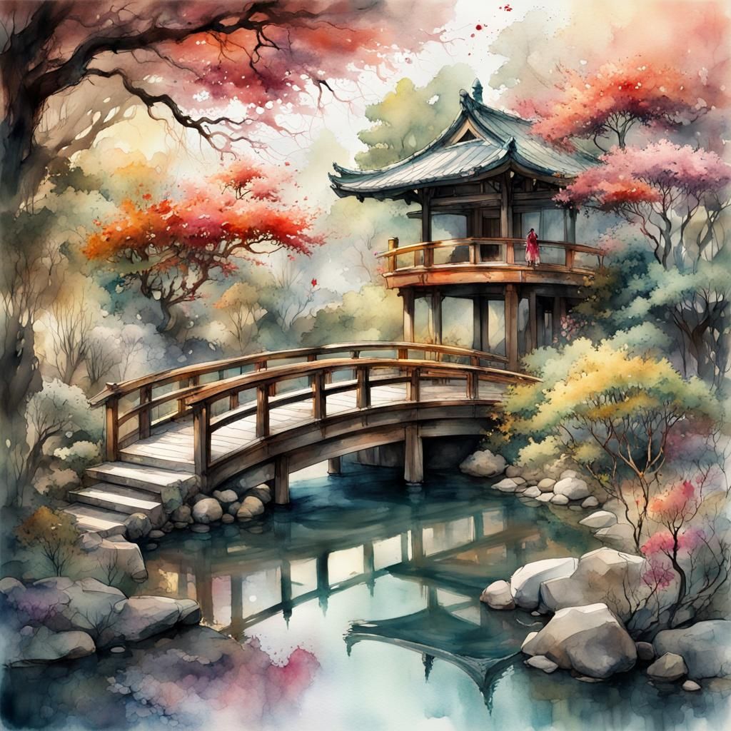 japanese garden, epic Stylized watercolor Illustration, by Waterhouse, Carne Griffiths, Minjae Lee, Ana ...  by @StrayCatMom