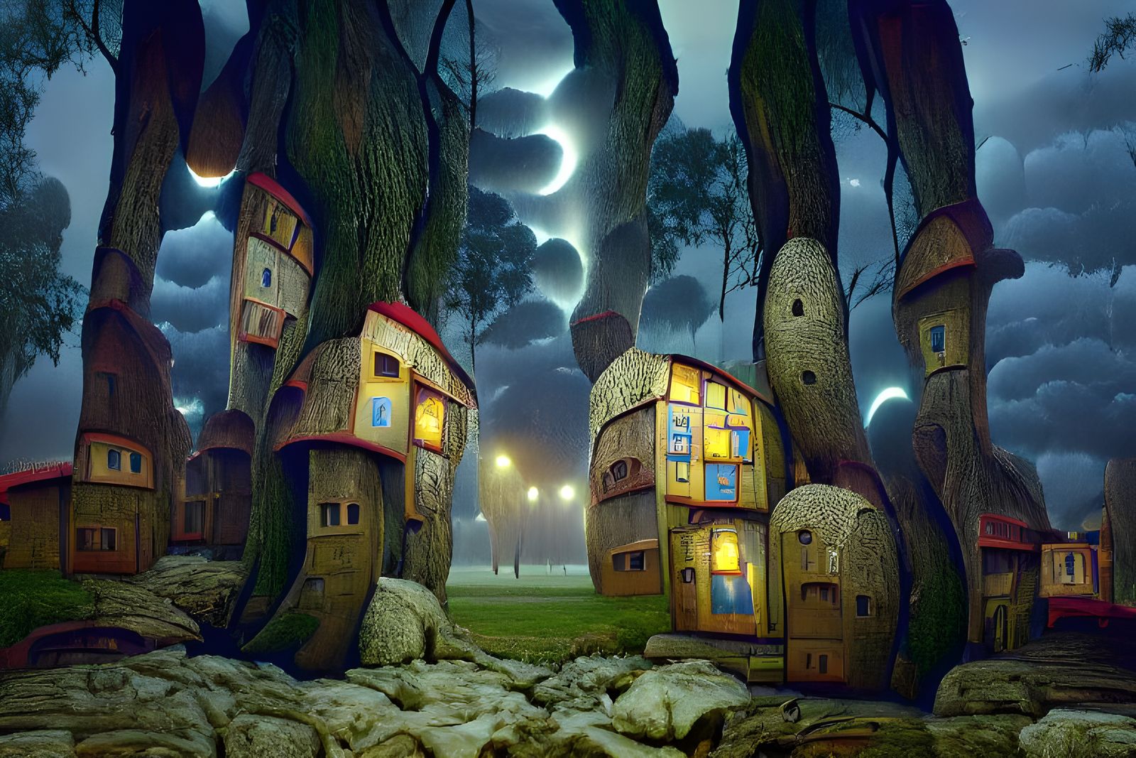 Twilight Tree House Village - AI Generated Artwork - NightCafe Creator