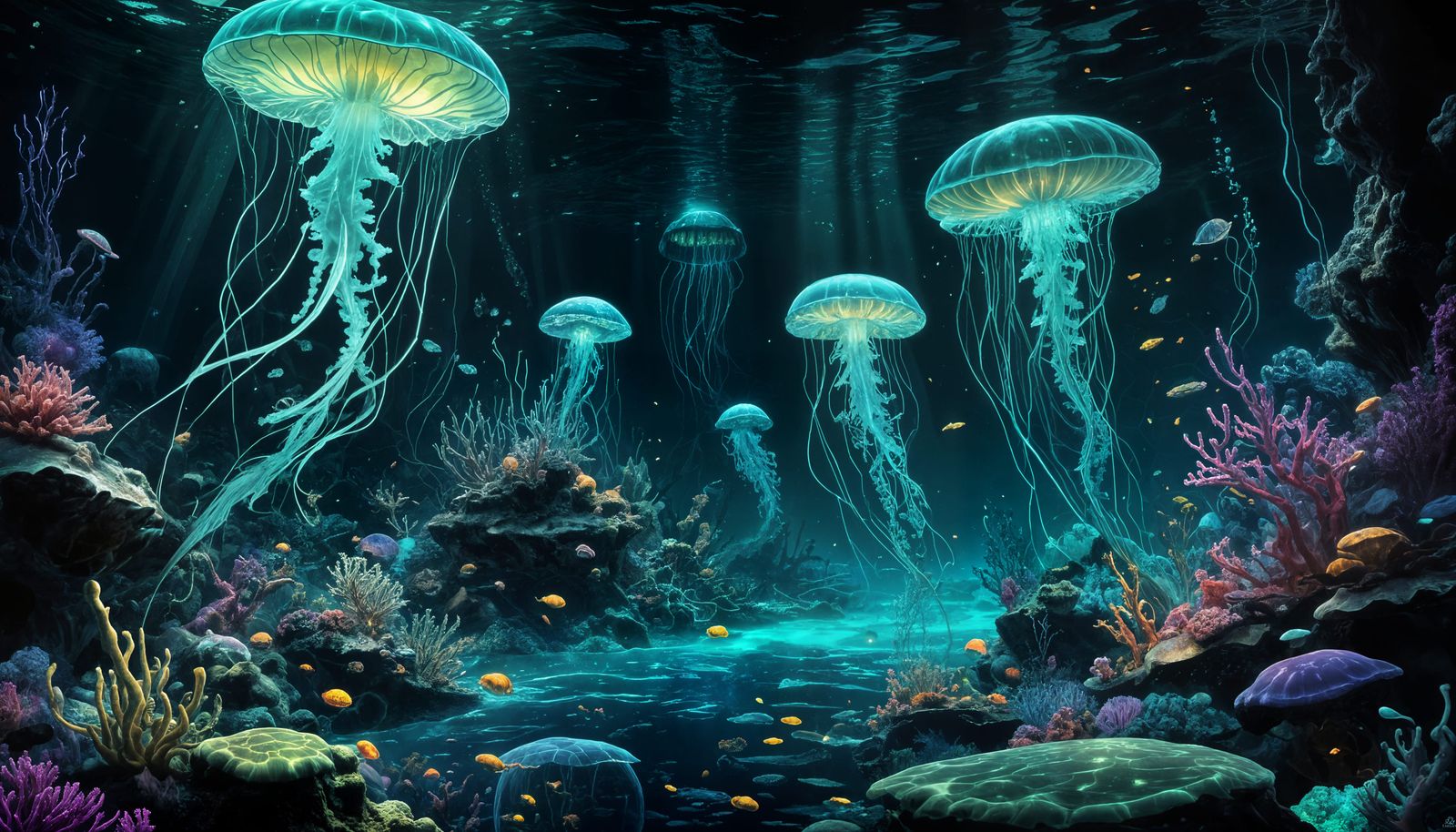Enchanted Underwater Metropolis in Bioluminescent Hues