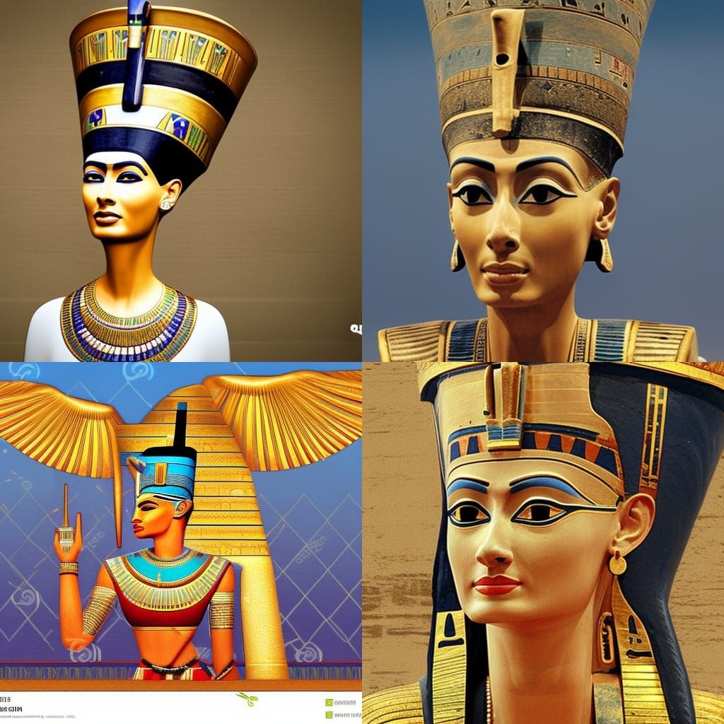 Queen Nefertiti if she were alive today and ancient Egyptian castle background