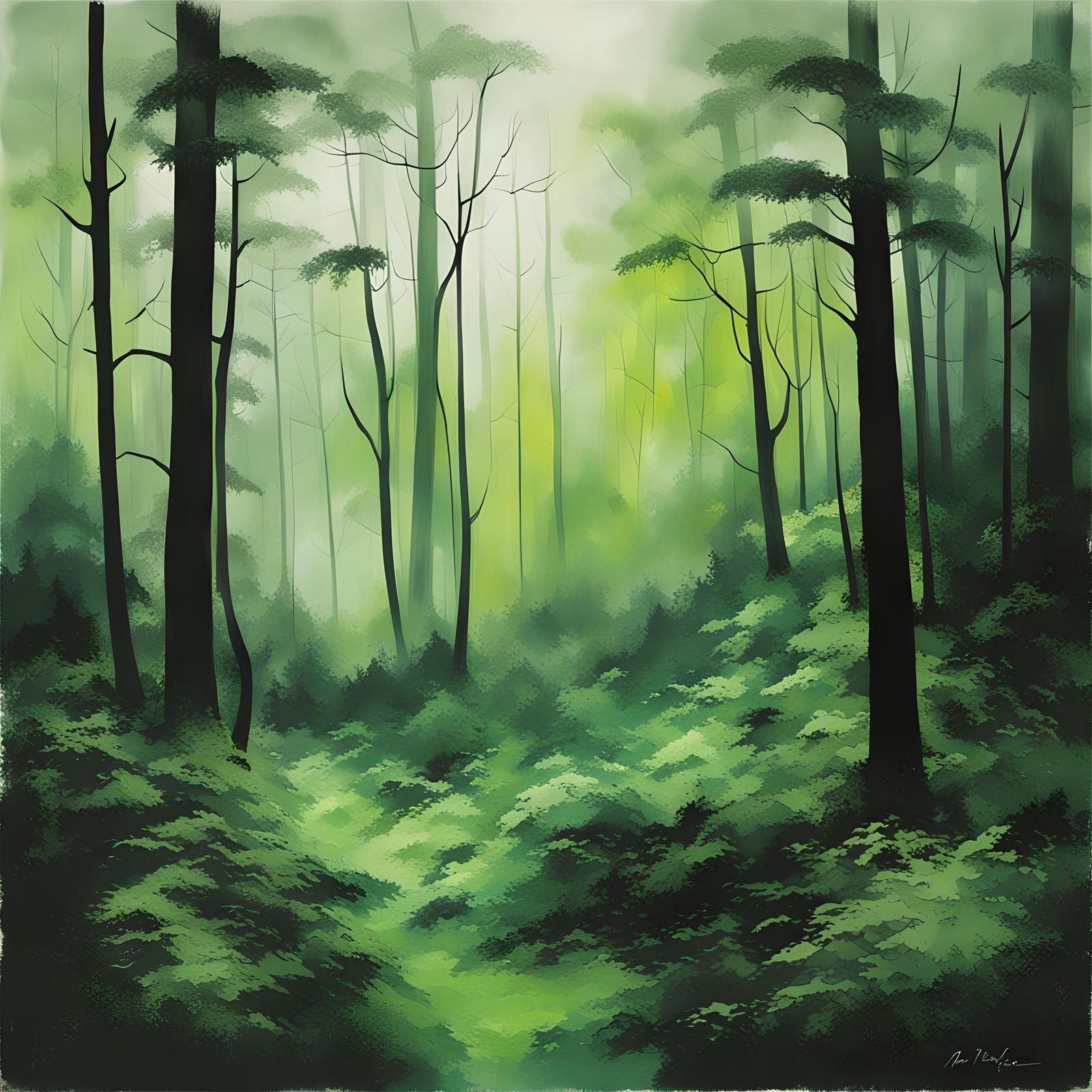 dark forest, shaded in a green varnish, overlayed with a white mist  by @Lonthany