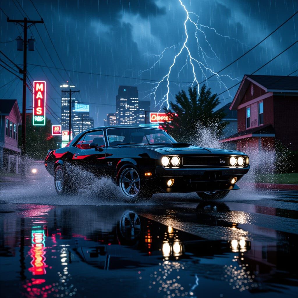 A powerful muscle car speeds through a heavy rainstorm, crashing into a deep puddle on a suburban street at the edge of a big city. Water ex...
