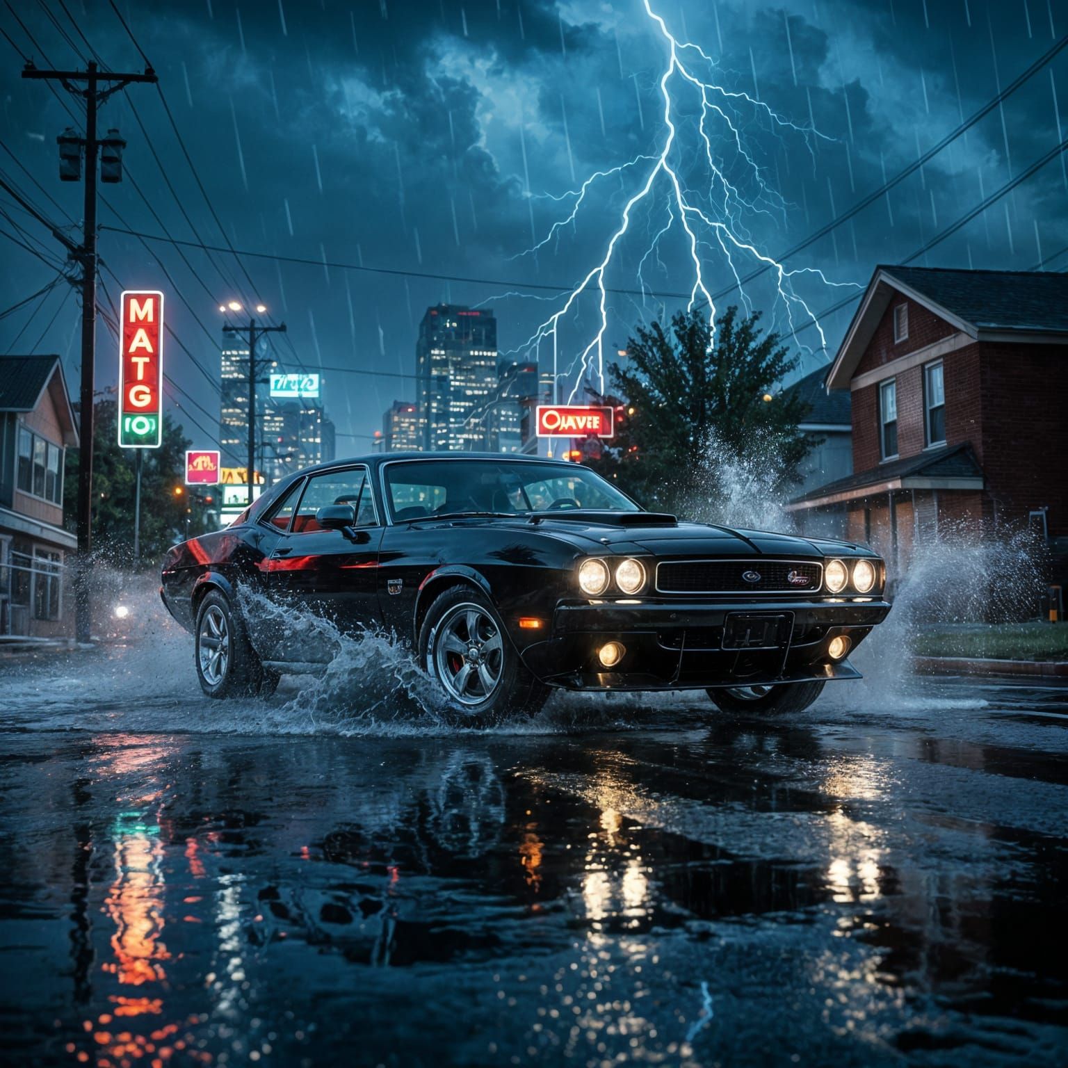 A powerful muscle car speeds through a heavy rainstorm, crashing into a deep puddle on a suburban street ...  by @Schoor