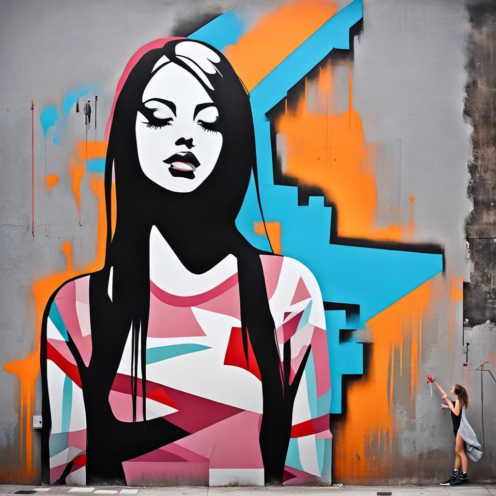 Pop Street Minimalism, Girl Sculpture Painting Graffiti Wall by Arsen
