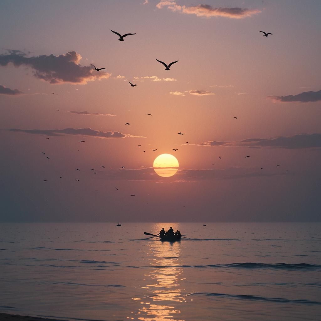 View of a stunning hazy sunset over the horizon of an ocean, from the ...