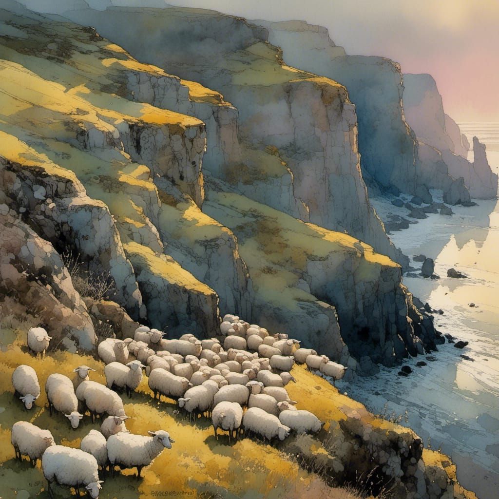 The sheep graze on the steep cliffs on the seashore, in the ...