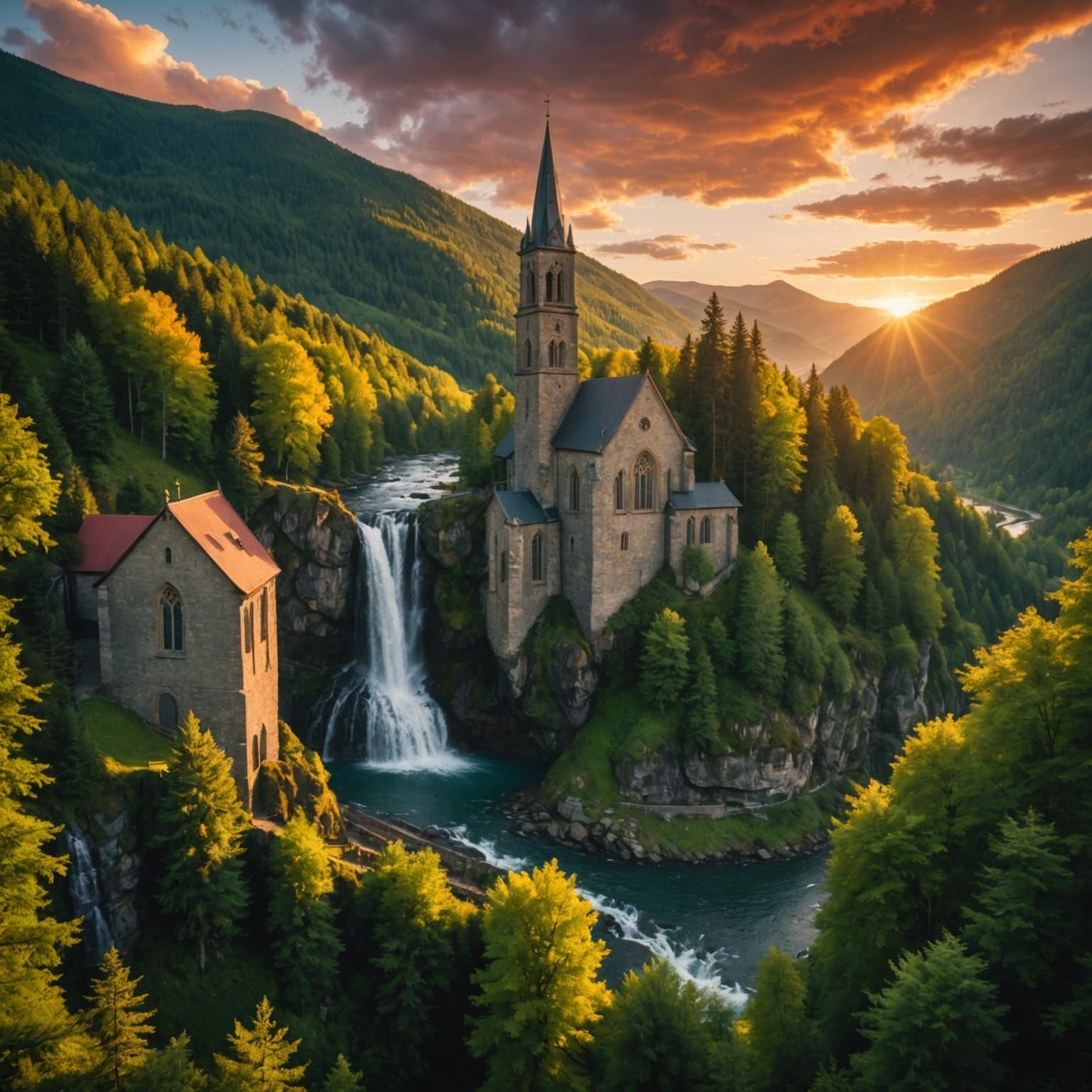 a serene mountain landscape with a majestic waterfall cascading down. In the foreground, include a charming ...  by @Zoli