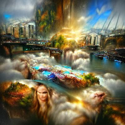 City and rivers in the clouds heavenly sunshine beams divine...