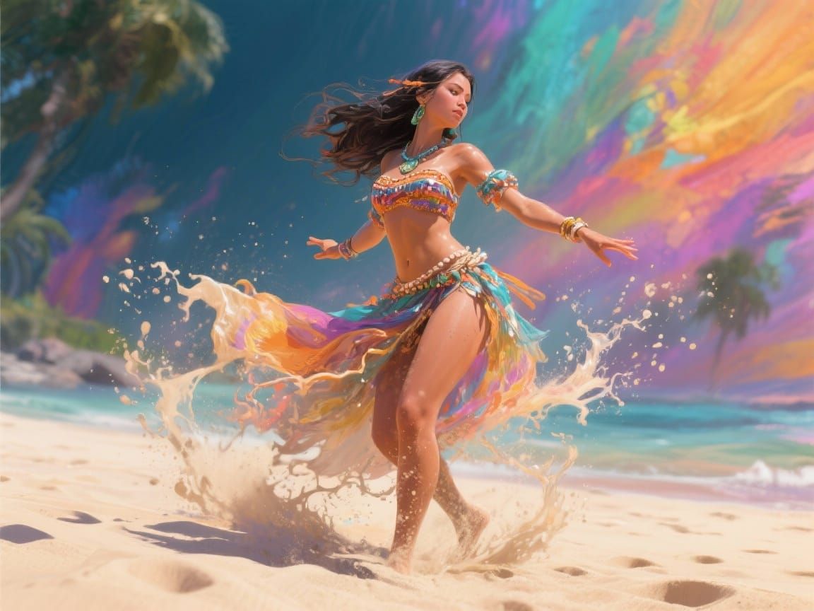 Photorealistic shot of a woman dancing on the beach as the camera slowly circles her.