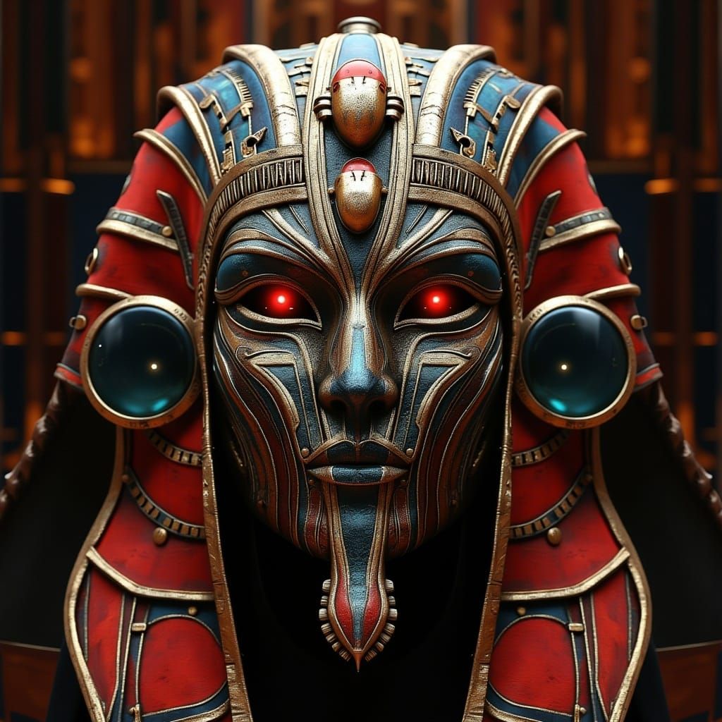 <lora:MJ6 FluxMasks:1.0> Phantom Pharaoh: A mask inspired by ancient Egyptian royalty, with hieroglyphics, scarabs, and other symbols of pow...