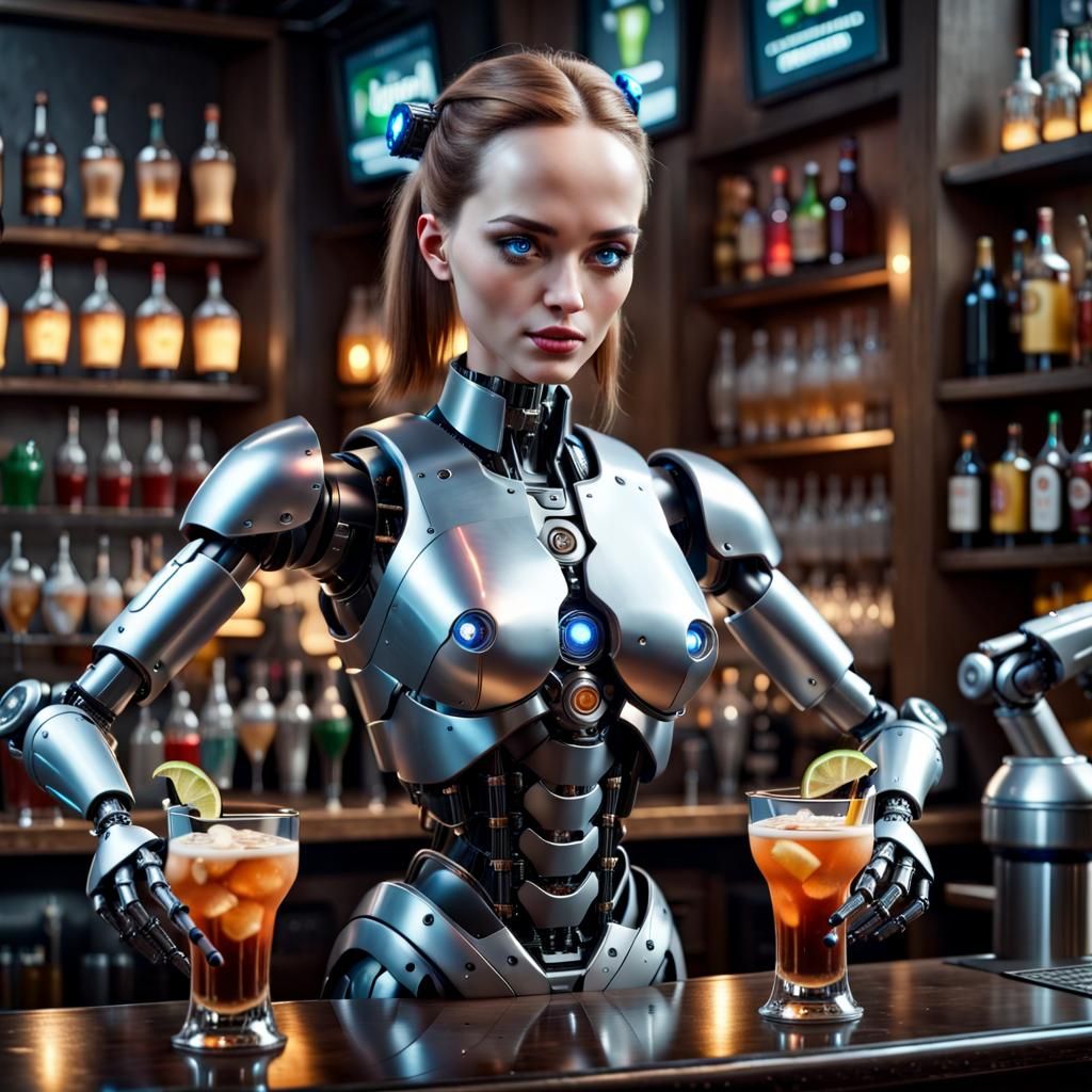 A female android bartender with robotic arms serving drinks. Pub. Cinematic photo realism AI
