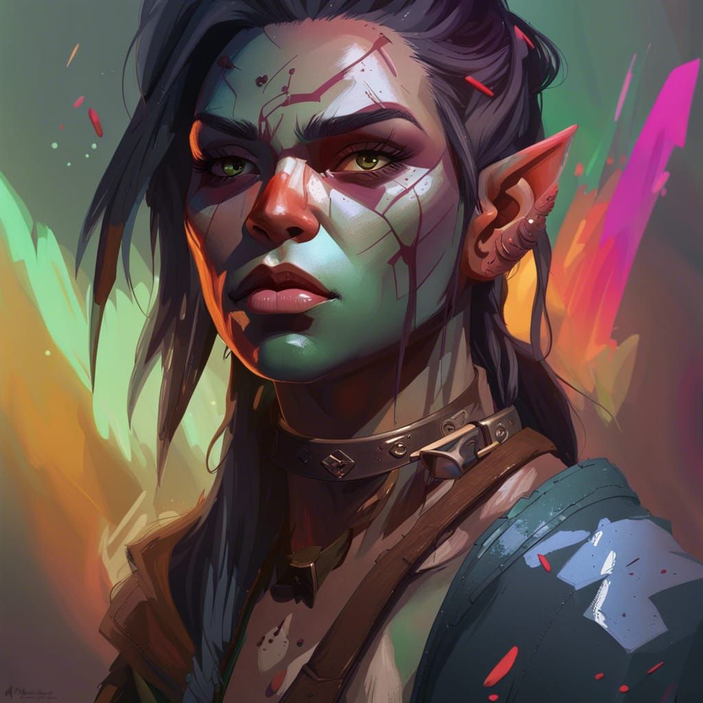 wlop art style, digital art style, female, half orc half human, anime ...