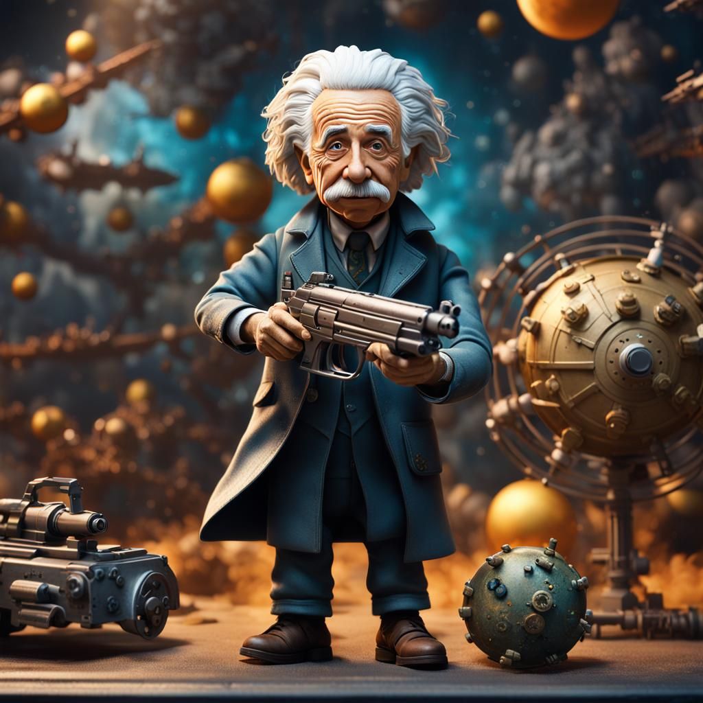 albert einstein action figure in box with ray gun ;atomic bomb; and spaceman outfit  by @Syd Kahn