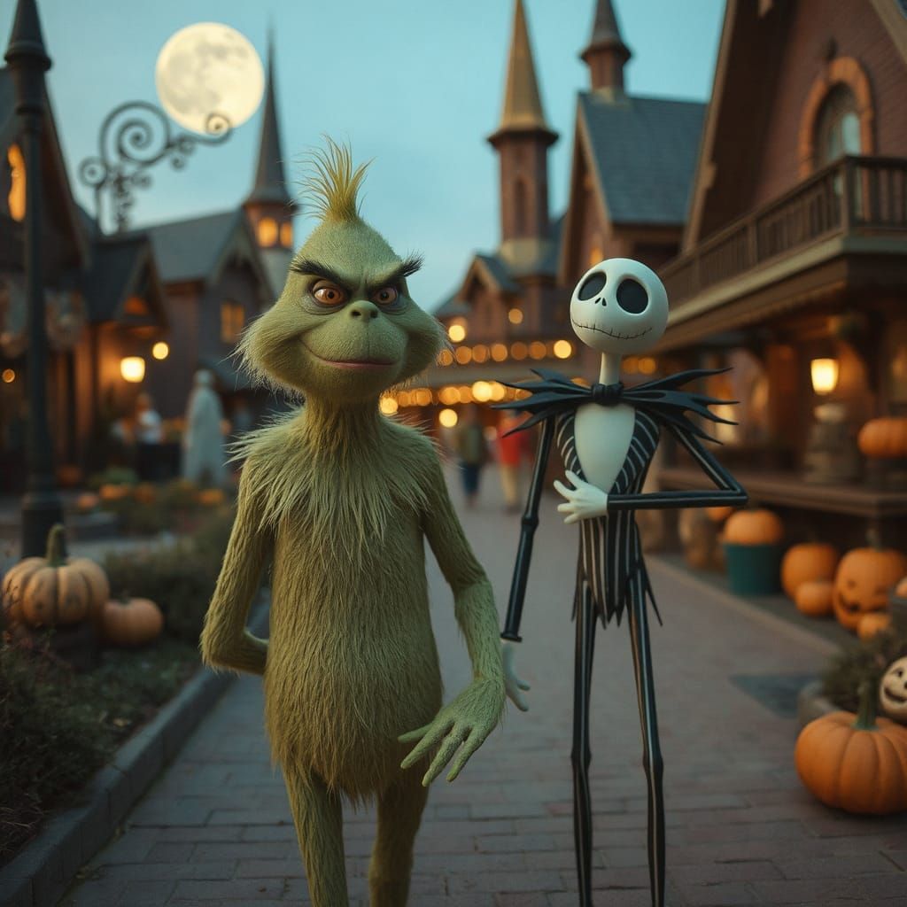 The Grinch and Jack Skellington walking through a Halloween town