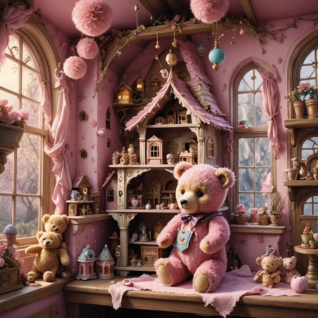 Pink Teddy Bear Plays in Dollhouse: Digital Matte Painting