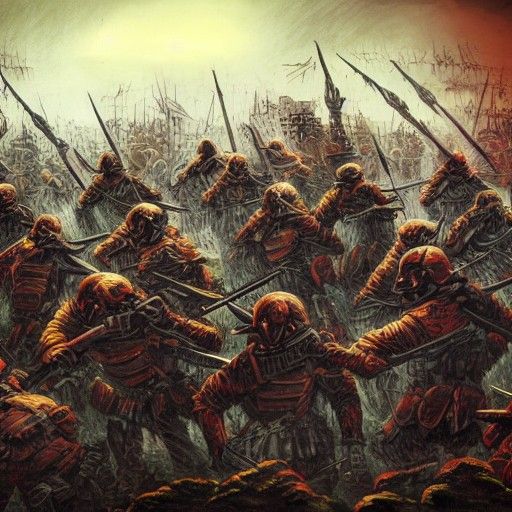 army of chaos soldiers attacking medieval city, psychedelic,...
