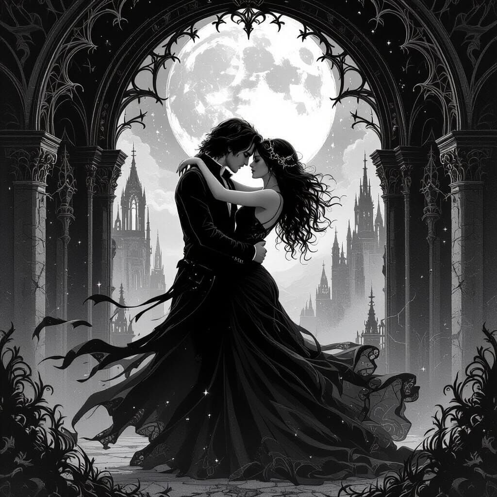 Lovers tarot card based off of the quote ‘we tangle endlessly’ preferably black and white with gothic and celestial elements 