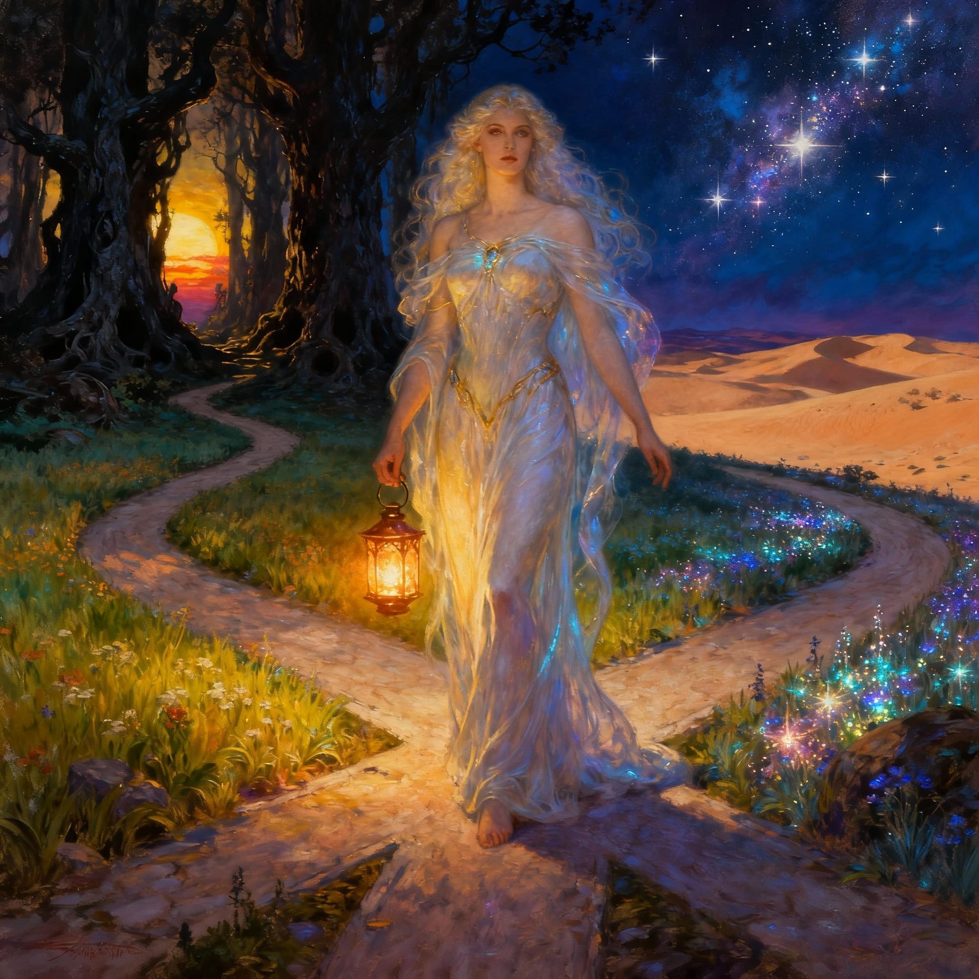  A powerful, ethereal goddess stands at a mystical crossroads, bathed in the ethereal glow of twilight. One path leads into a dark, ancient ...