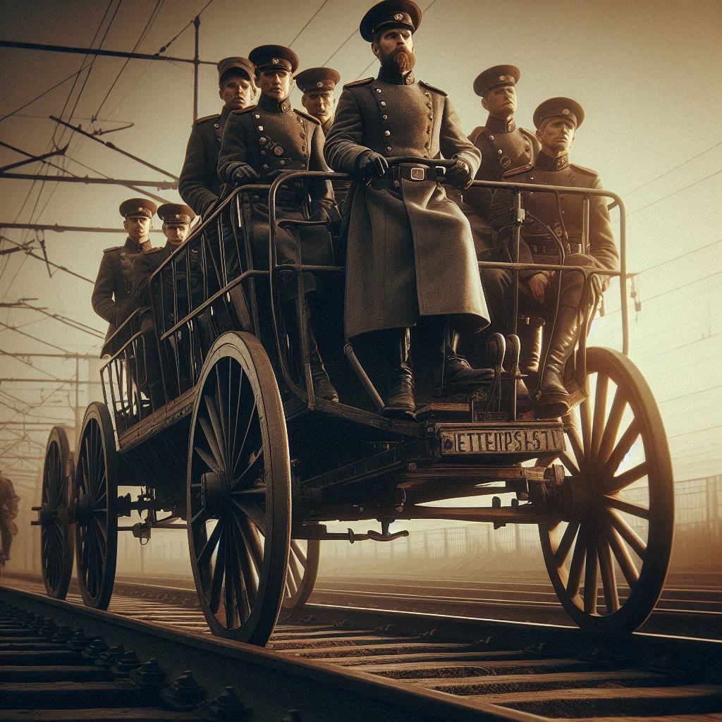 Gendarmes aboard a cyclo-draisine, late 19th century