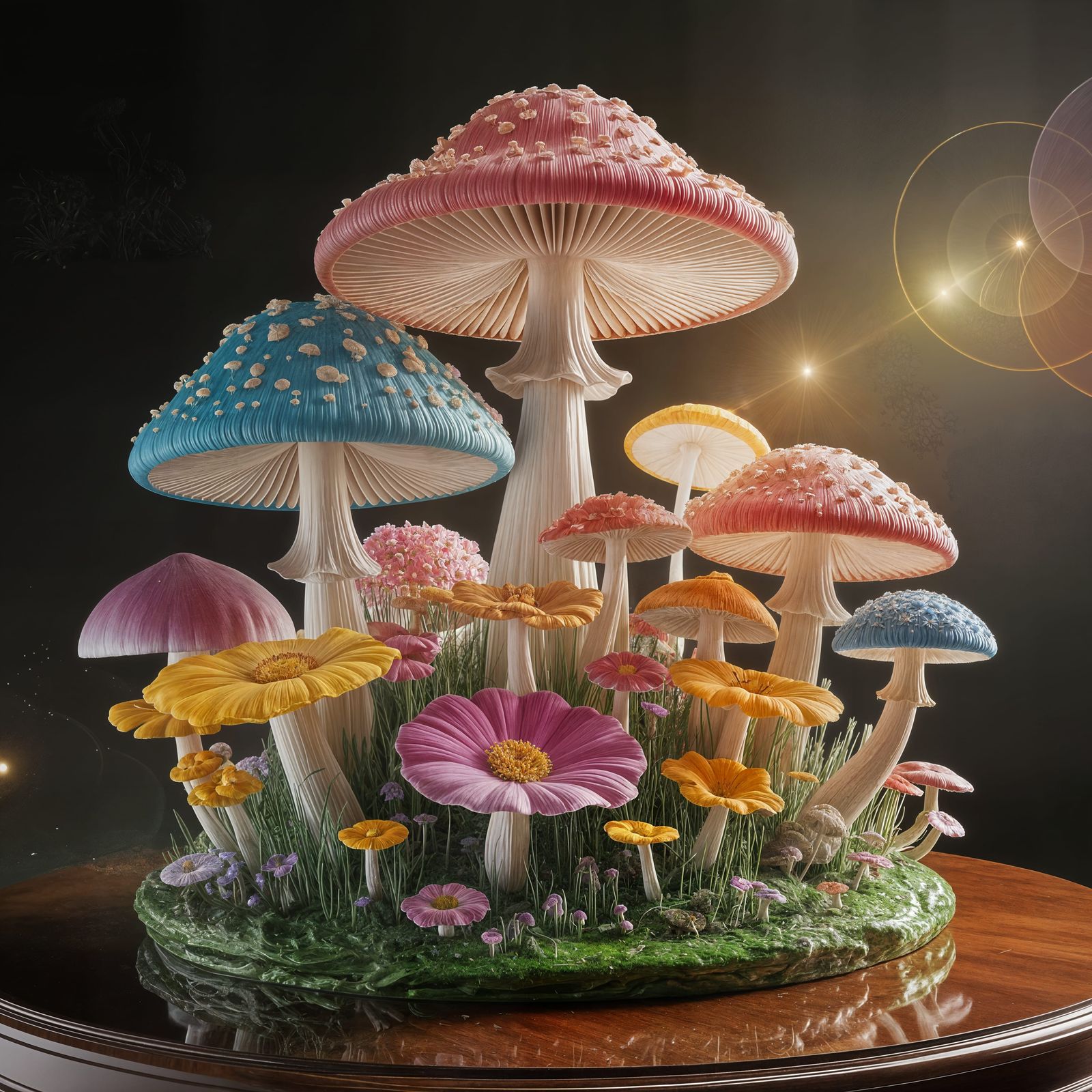 a hyperrealistic 3D sculpture of multi co,oured  vivid mushrooms and flowers, intricately designed in ...  by @PWC Digital Art