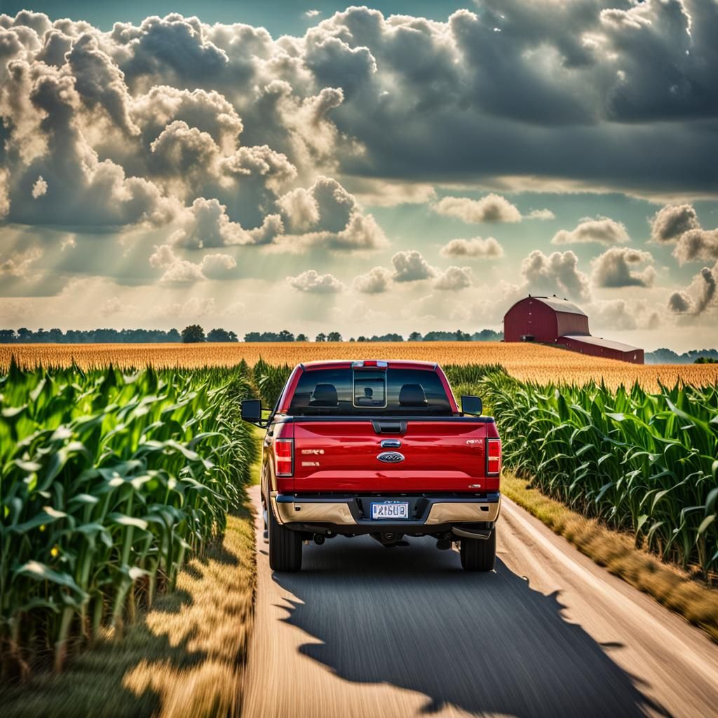 A red Ford F150 pickup truck driving down the countryside near fields of corn., HDR, beautifully shot, hyperrealistic, sharp focus, 64 megap...