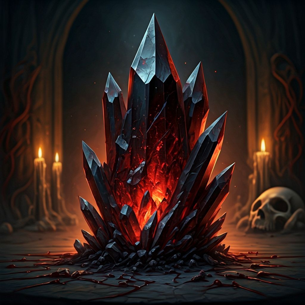 A dark fantasy crystal, deep red in color, with veins of black running through its core, pulsing faintly with an eerie light. The crystal is...