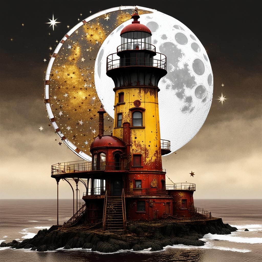 Enchanting folk art lighthouse with a touch of abstract. Think of Klimt meets Natalia Goncharova, Adolph Gottlieb and Matthias Grunewald. Sp...
