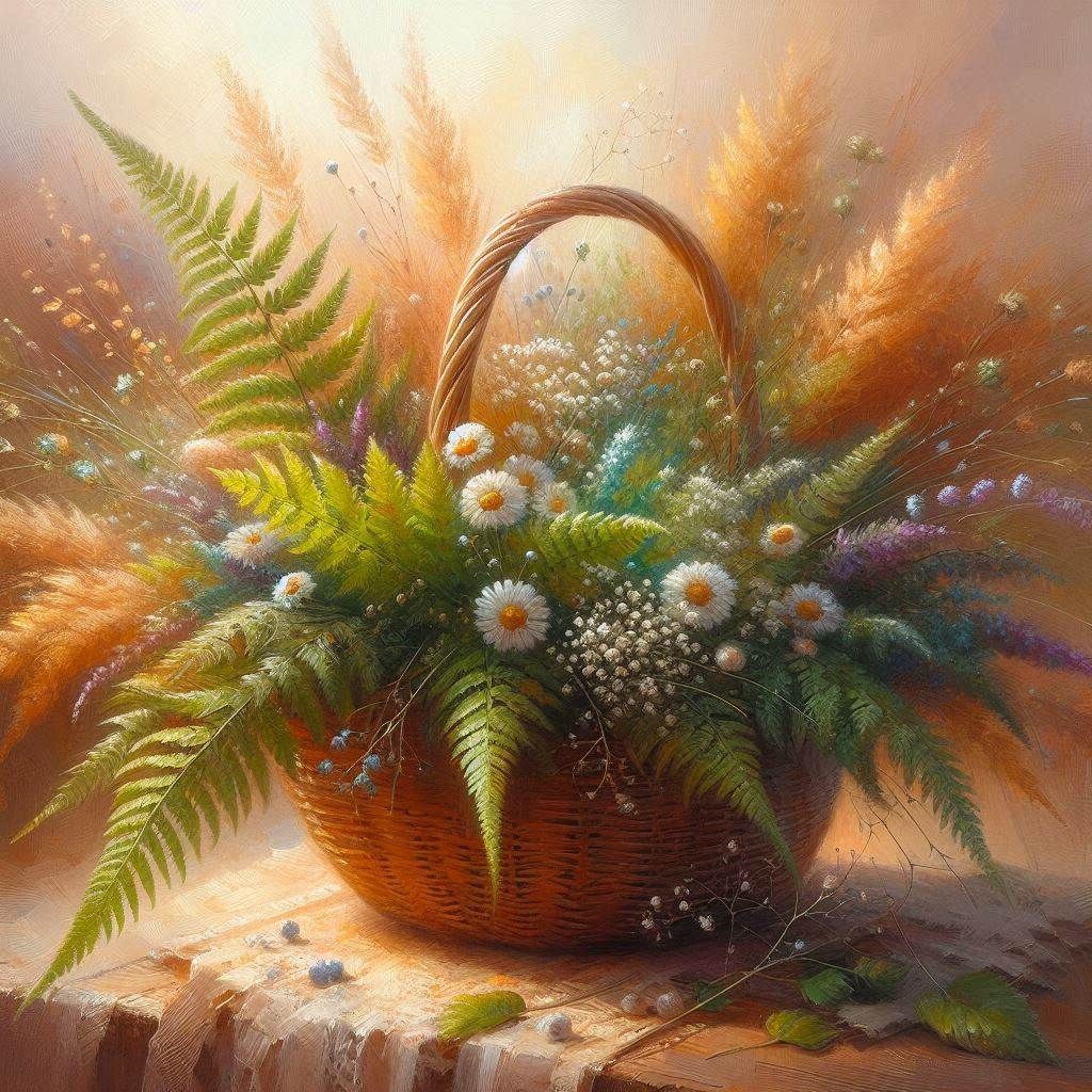 <lora:Flowers one:1.0> <lora:Midnight Garden:1.0> <lora:WHIMSICAL:1.0> Fern basket