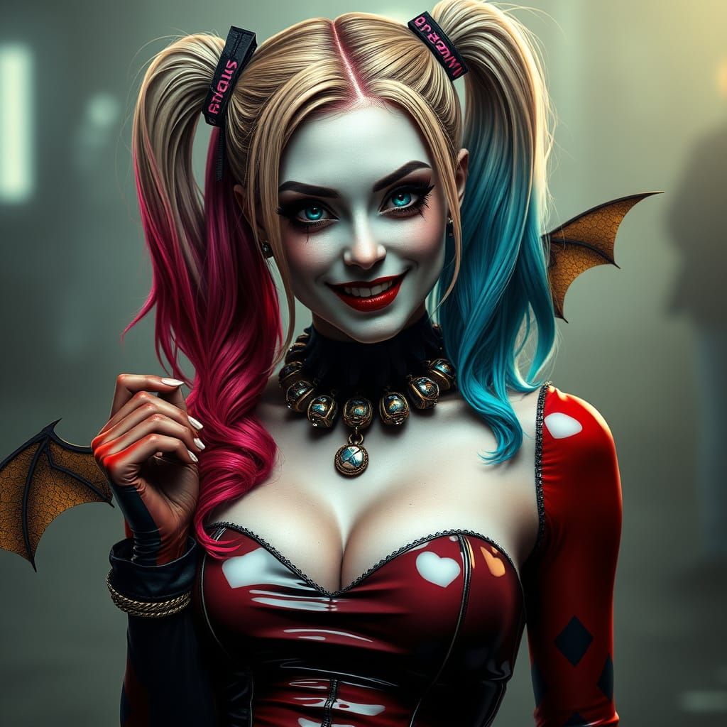 Hyperrealistic Dystopian Harley Quinn in Latex Dress with Co...