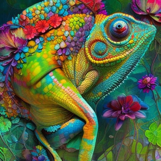 Chameleon in a flower garden #3 - AI Generated Artwork - NightCafe Creator