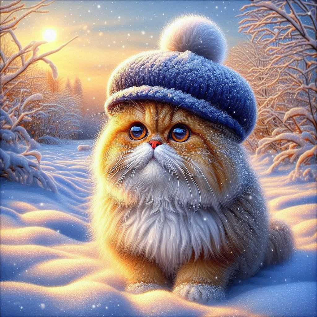 Persian Cat with Hat in the Snow