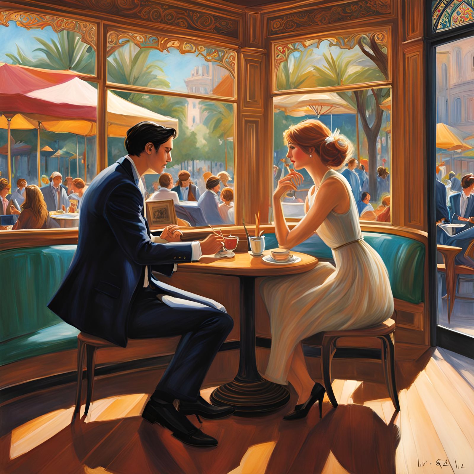 In a bustling, timeless café, capture the poignant dance of a free