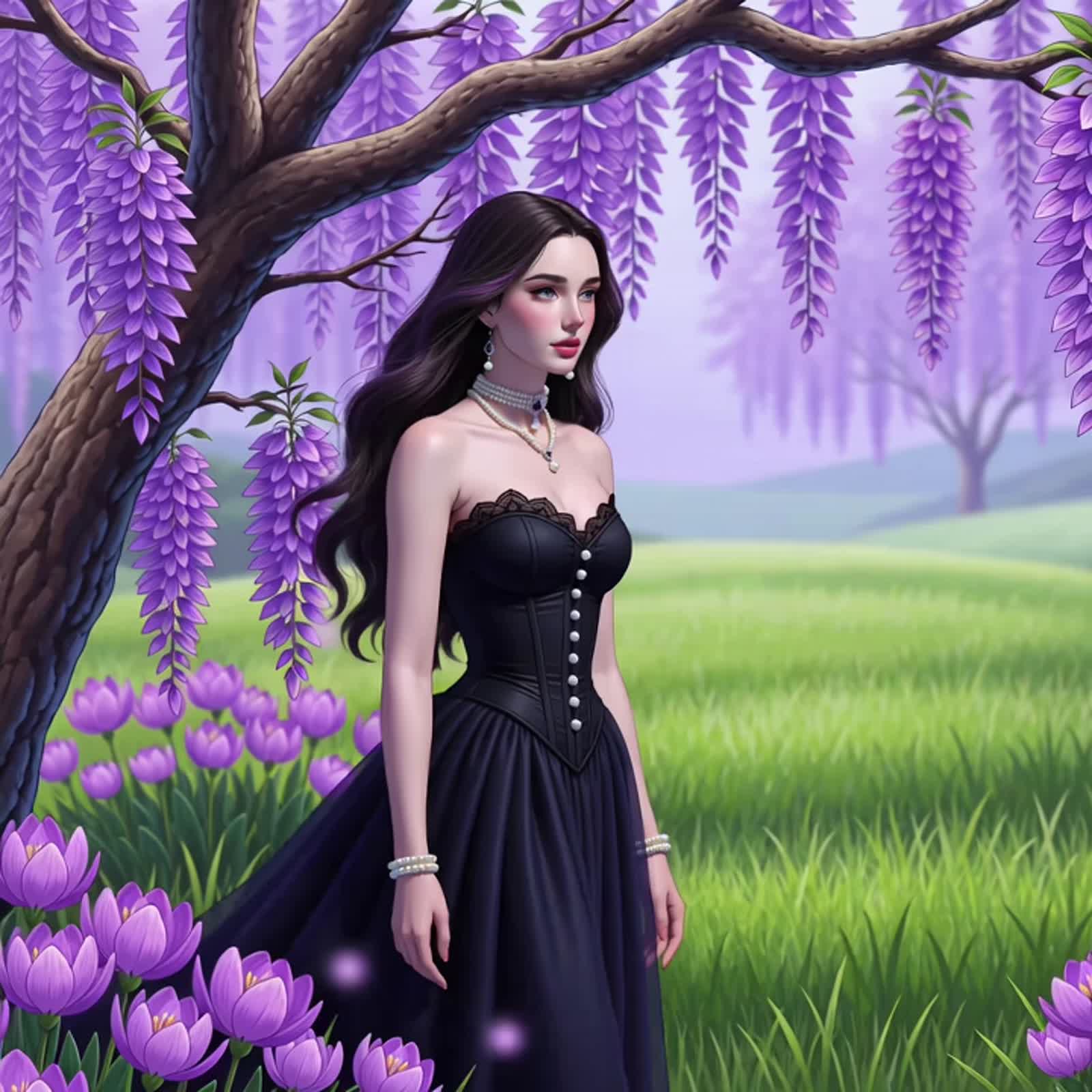 Ethereal gothic woman in corset and pearl jewelry, dreamy spring landscape, wisteria and crocus, vibrant fantasy illustr...