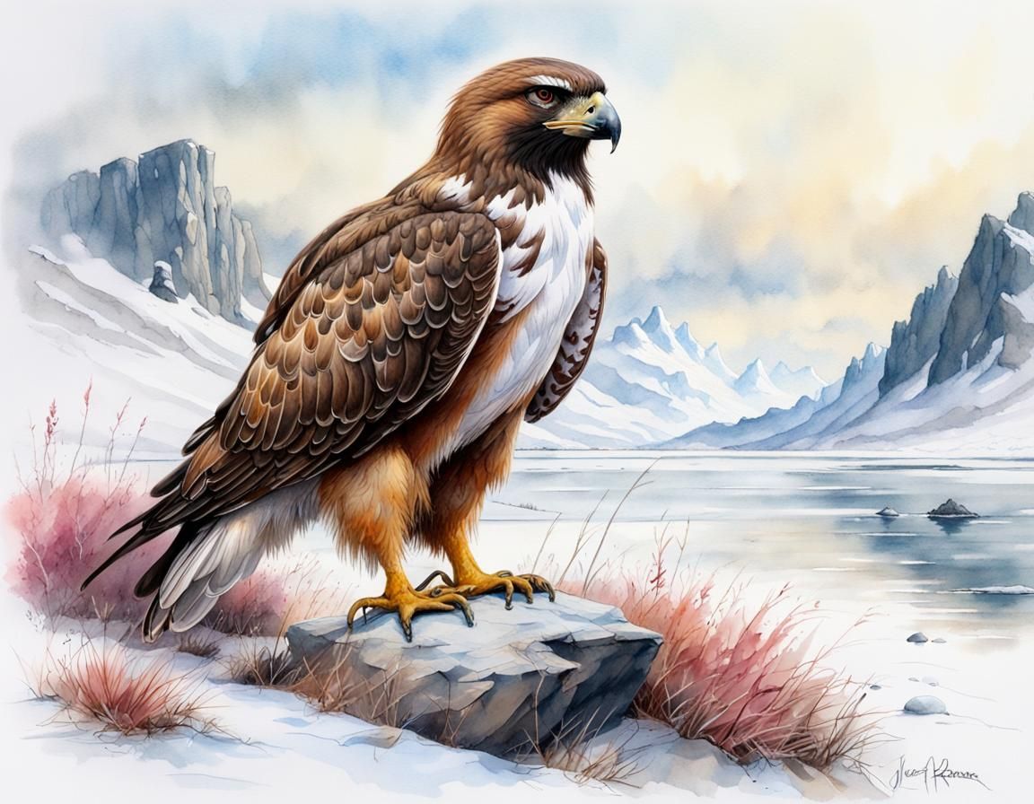 a beautiful (Buteo lagopus) on the Arctic tundra of North America vibrant natural colors Ink drawing ...  by @tremmerz